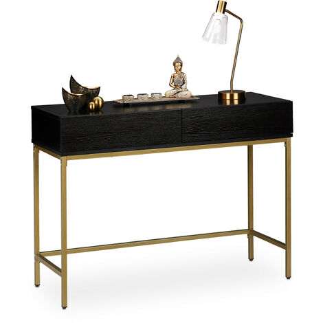 Relaxdays Table de console, 2 tiroirs, meuble d’appoint aspect bois, salon, couloir, HLP 80x110x40 cm, noir/doré