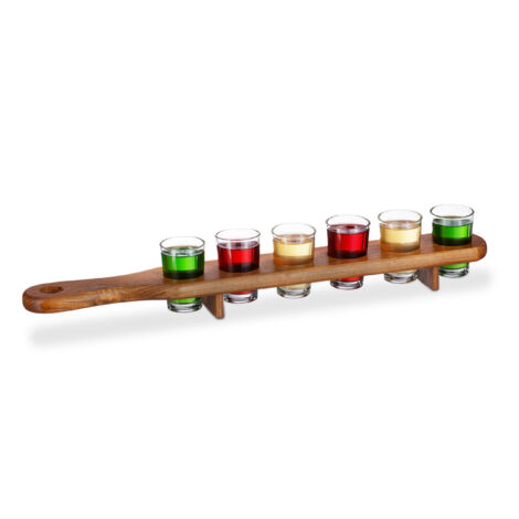 Relaxdays Planche à shots en bois, 6 verres, plaque pratique, demi mètre, superbe idée cadeau, plateau, marron