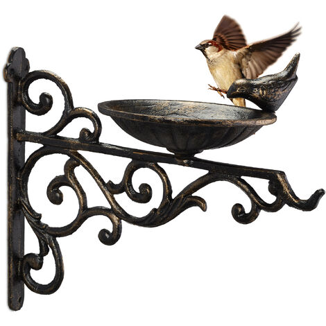 Relaxdays Bain d'oiseaux sauvages, décoration en fonte de fer, largeur : 24  cm, pour le jardin, marron