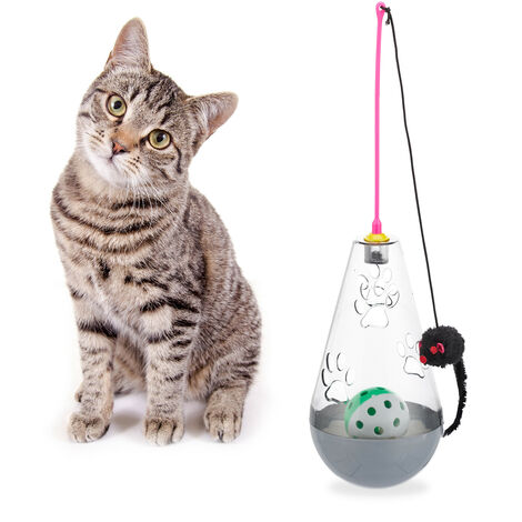 Jouet Pour Chat Interactif A Bascule Friandises Plumeau De Jeu Avec Souris Balle Avec Clochettes Gris