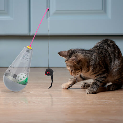 Jouet Pour Chat Interactif A Bascule Friandises Plumeau De Jeu Avec Souris Balle Avec Clochettes Gris