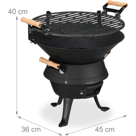Relaxdays Baril de barbecue en fonte de fer, foyer réglable en hauteur, aération, pour charbon, HlP 40x45x36cm. noir