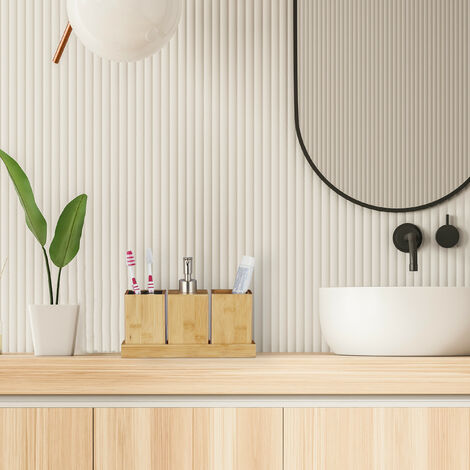 Relaxdays accessoires de salle de bain, lot de 4, bambou, distributeur de savon à pompe, gobelet à brosse à dents, bol, nature