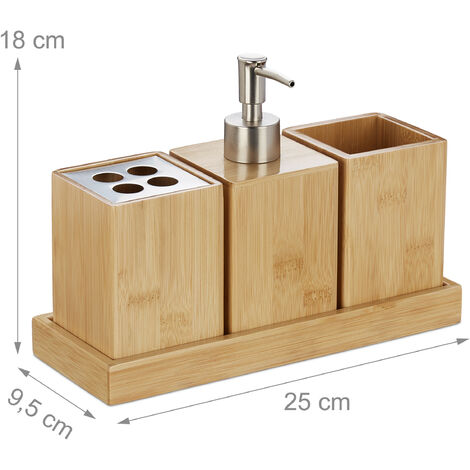 Relaxdays accessoires de salle de bain, lot de 4, bambou, distributeur de savon à pompe, gobelet à brosse à dents, bol, nature