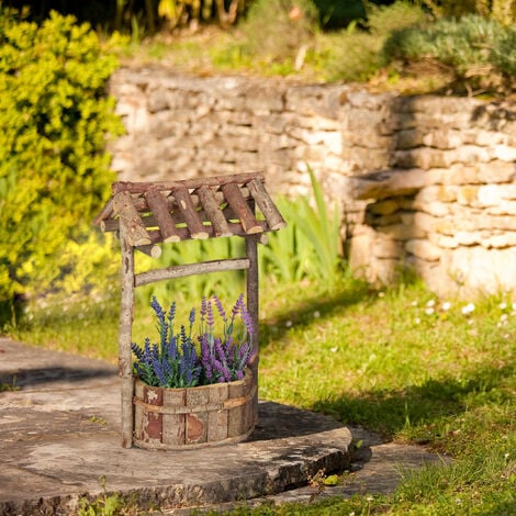 Relaxdays Décoration jardin, puits décoratif en bois, déco bassin et étang avec écorce, HxLxP: 43 x 25 x 18 cm, nature
