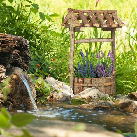 Relaxdays Décoration jardin, puits décoratif en bois, déco bassin et étang avec écorce, HxLxP: 43 x 25 x 18 cm, nature