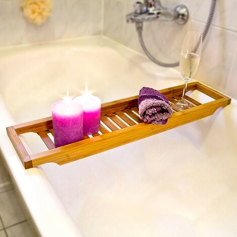 Relaxdays Pont de baignoire pratique, en bambou, H x L x P : 4 x 65 x 15 cm, pour la salle de bain, nature