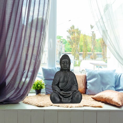 Relaxdays Statue de Buddha figurine de Bouddha décoration jardin sculpture céramique Zen 50 cm, gris foncé