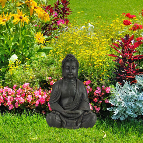 Relaxdays Statue de Buddha figurine de Bouddha décoration jardin sculpture polyrésine Zen 70 cm, gris foncé