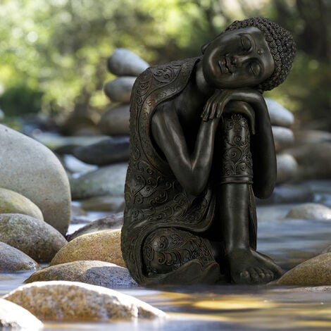 Relaxdays Statue de Bouddha figurine de Bouddha décoration jardin sculpture céramique Zen 60 cm, gris foncé