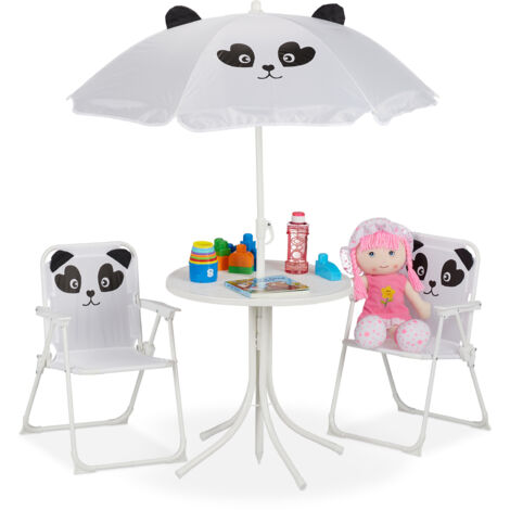 Relaxdays, Salon de jardin, enfant, table, chaises, parasol, pour un petit fan de pandas, pour plage ou camping, blanc (1/5)