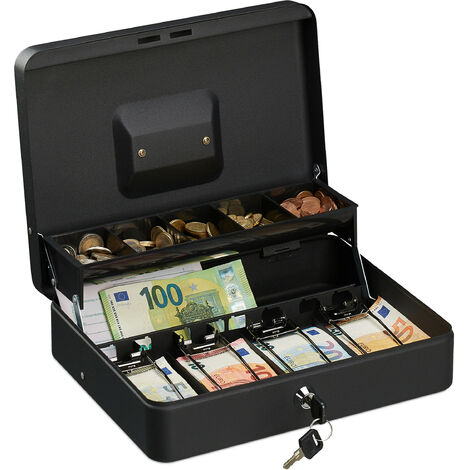 Relaxdays Caisse à monnaie, verrouillable, compartiments pour pièces et  billets, fer, HLP 8,5 x 30