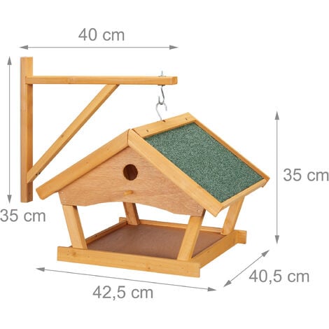 Relaxdays Mangeoire d'extérieur pour oiseaux, à suspendre, nichoir en bois,  H x L x P : 35 x 42,5 x 40,5 cm, grise