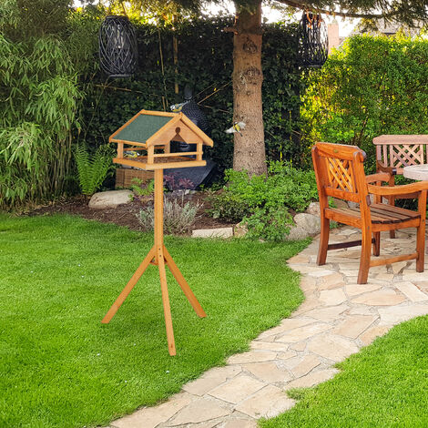 Relaxdays Mangeoire à oiseaux avec support, grand, toit résistant aux intempéries, bois, 120 x 62 x 55 cm, nature/vert