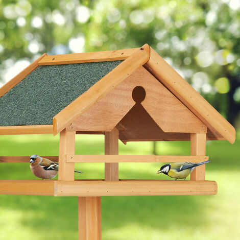 Relaxdays Mangeoire à oiseaux avec support, grand, toit résistant aux intempéries, bois, 120 x 62 x 55 cm, nature/vert