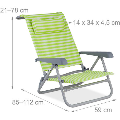 Chaise Longue Pliante Relaxdays - 8 Positions Réglables, Repose-tête, Accoudoirs - Vert/Blanc Rayé Pour Jardin Et Plage
