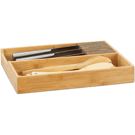 Relaxdays Range-couteaux tiroir bois range-couverts extensible cuisine  bambou HxlxP: 6,5 x 38 x