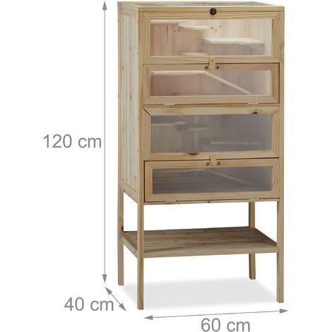 Relaxdays Cage de hamster XXL en bois, 3 étages, volets, fenêtre de visualisation, petits rongeurs, 120x60x40 cm, nature