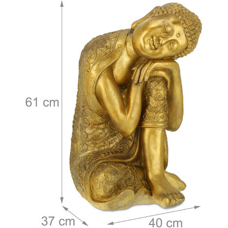 Relaxdays Statue de Bouddha jardin, résistant aux intempéries et au gel, repos, objet déco XL, HLP 61 x 40 x 37 cm, doré