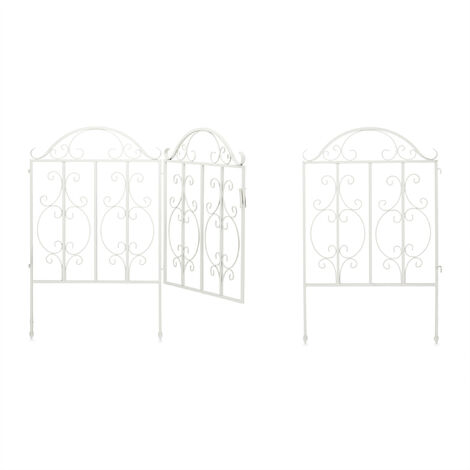 Relaxdays – Portillon de jardin 3 pièces en acier avec ornements – Dimensions HxL : 98,5 x 185 cm – Éléments de clôture inclus – Couleur blanche