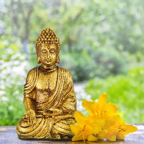 Relaxdays Statue de Bouddha jardin, résistant aux intempéries et au gel, assis, objet déco, HLP 17 x 10 x 7 cm, doré