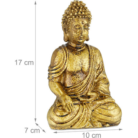 Relaxdays Statue de Bouddha jardin, résistant aux intempéries et au gel, assis, objet déco, HLP 17 x 10 x 7 cm, doré