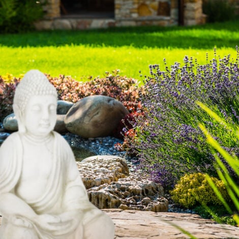 Relaxdays Statue bouddha XXL, assis, grand, jardin, 70 cm de haut, résistant aux intempéries et au gel, déco, crème