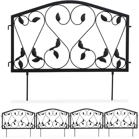 Relaxdays – Bordure potager 4 éléments en fer noir – Dimensions H 33 cm x L 225 cm – Design antique avec feuilles – Clôture décorative à planter