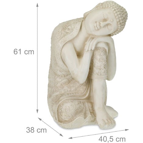 Relaxdays Statue bouddha XXL, sculpture jardin, HLP 61 x 40,5 x 38 cm, résistant aux intempéries et au gel, blanc crème