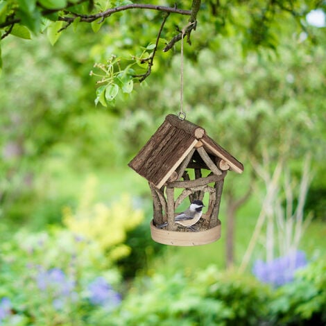 Relaxdays Mangeoire à oiseaux, abri en bois, cabane à suspendre, nichoir, jardin, HxLxP 22,5 x 17 x 13,5 cm, nature