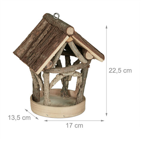 Relaxdays Mangeoire à oiseaux, abri en bois, cabane à suspendre, nichoir, jardin, HxLxP 22,5 x 17 x 13,5 cm, nature