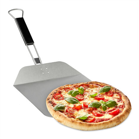 Relaxdays Pelle à pizza, acier inox, manche en bois pliable, pain et tartes  flambées, spatule 29 x 29 cm, argenté/marron