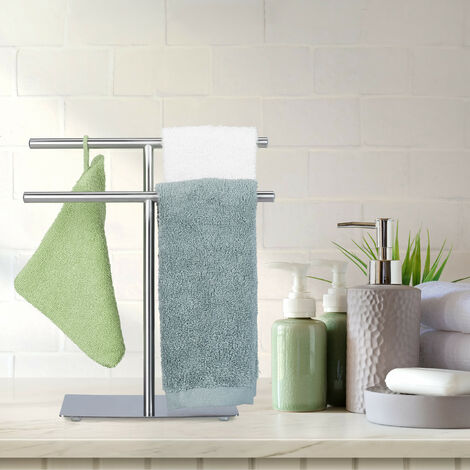 Porte-Serviettes Mobile Relaxdays - 2 Barres Acier Et MDF - Sans Perçage - Pour Salle De Bain Ou Cuisine - Argenté/Marron