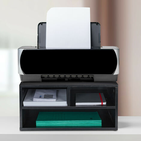 Étagère De Bureau Pour Imprimante Avec 3 Casiers - Support Imprimante Compact, Aggloméré Noir, Rangement Papier