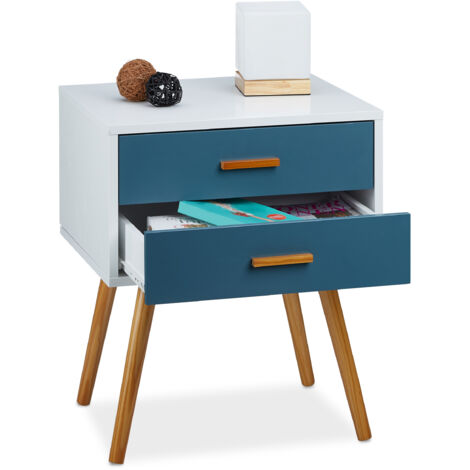2x Commodes rétro style design nordique 2 tiroirs armoire blanc turquoise HxlxP 58x41x48 cm, laqué mat blanc turquoise (1/5)