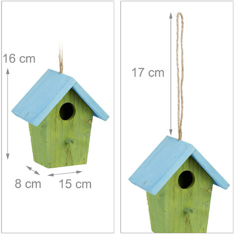Nichoir Oiseaux Décoratif Relaxdays - Bois Coloré Bleu - 16x15x11cm - À Suspendre Ou Poser - Décoration Jardin