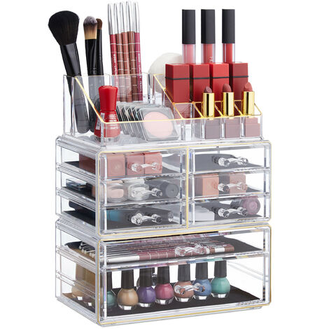 Relaxdays Boîte rangement maquillage Make up organisateur cosmétiques  tiroirs compartiments, transparent-doré
