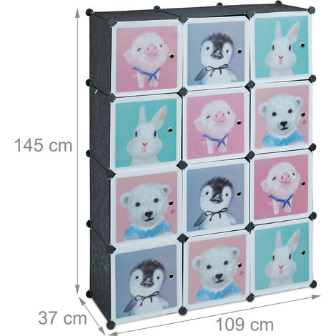 Armoire Modulable Enfant Relaxdays - 8 Cubes Avec Portes Animaux - Blanc - Dimensions 145x109x37cm - Tringles à Vêtements Incluses - Montage Facile Sans Perçage