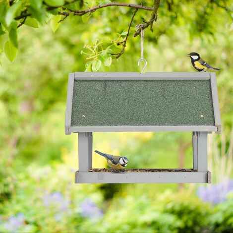 Relaxdays Mangeoire d'extérieur pour oiseaux, à suspendre, nichoir en bois, H x L x P : 35 x 42,5 x 40,5 cm, grise
