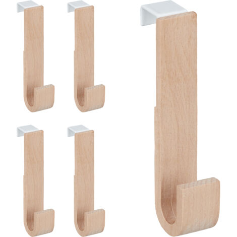 Crochet de porte, lot de 10, bois & fer, patères pour vestes & serviettes, HLP 13 x 2,5 x 6 cm, blanc/nature