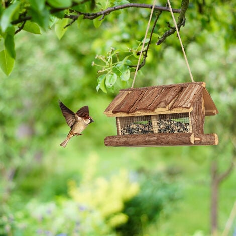 Relaxdays Mangeoire à oiseaux, en bois, avec écorce et mousse, à suspendre,  H x L x P : 19 x 21 x 23 cm, nature