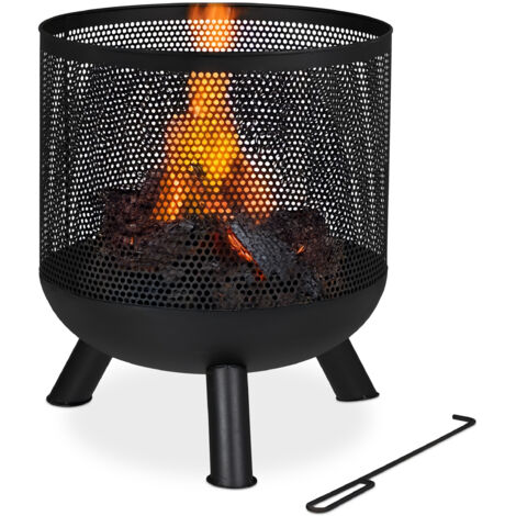 Relaxdays Braséro, design maille, grille de foyer, tisonnier, foyer de jardin, barbecue, acier, H x D : 53 x 44 cm, noir