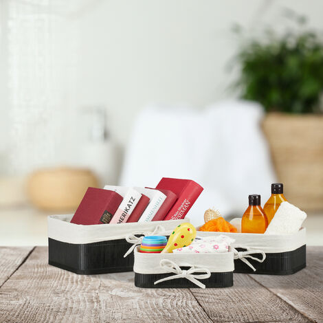 Lot De 3 Paniers Rangement Bambou Et Tissu Relaxdays - Corbeilles Salle De Bain 3 Tailles Blanc/Gris