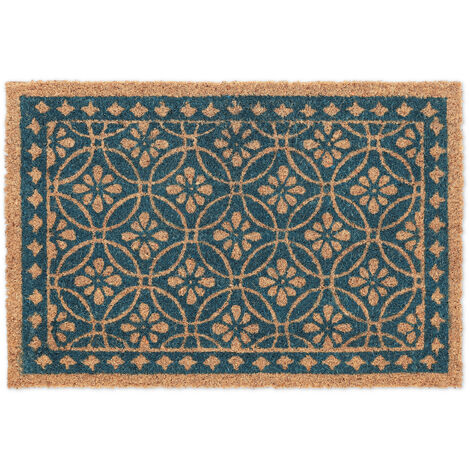 Relaxdays Paillasson coco, design floral, tapis de porte extérieur & intérieur, caoutchouté, 60x40 cm, bleu/nature