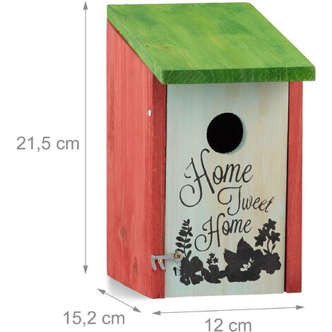 Relaxdays Maison oiseaux, nichoir, mangeoire, refuge vert en bois,  terrasse, décoratif HxlxP: 30,5 x 26 x 12 cm, vert