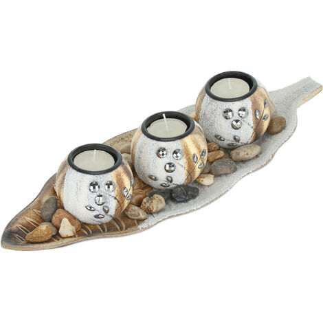 Relaxdays Porte-bougies lot, 3 bougeoirs rond pour bougies chauffe-plat, plateau forme feuille, pierres, marron-blanc (1/5)