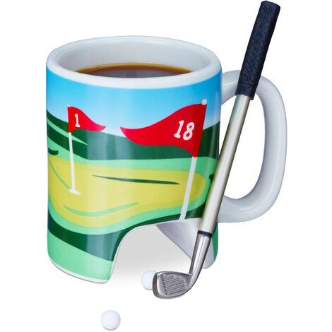 Relaxdays Mug sur le thème du golf, putter avec stylo à bille intégré, 2 petites balles, idée cadeau, multicolore (1/5)