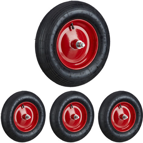 Roue de brouette caoutchouc 200 kg, lot de 4, roue de rechange avec axe, caoutchouc essieu 4.80 4.00-8, noir-rouge