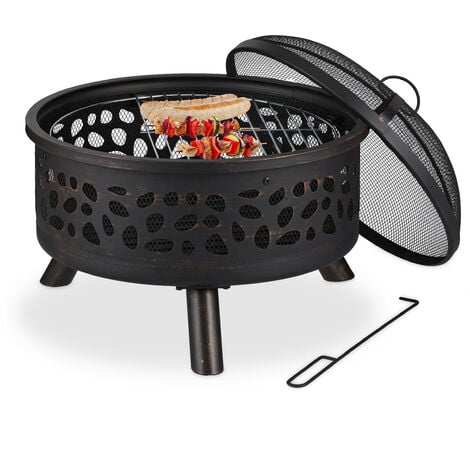 Relaxdays Braséro avec grille de barbecue, pare-étincelles et tisonnier,  pour le jardin, Ø 60 cm, acier, bronze
