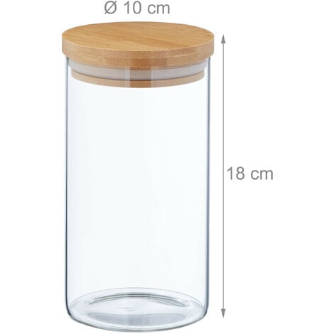 Relaxdays Lot de 4 bocaux en verre avec couvercle bambou, bocal conservation, 1000 ml, hermétique, transparent/naturel